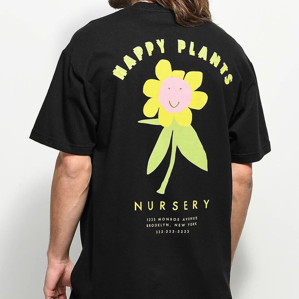 A-Lab Mens Happy Plants Nursery Smiling Sunflower Black T-Shirt New